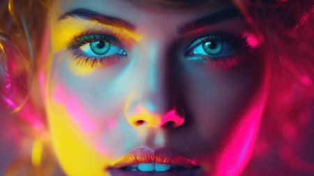 A woman with bright colored eyes and neon lights, AIの素材