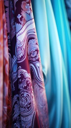 Colorful silk scarves hanging on a rack, AIの素材