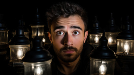 A man is surrounded by many light bulbs, AIの素材