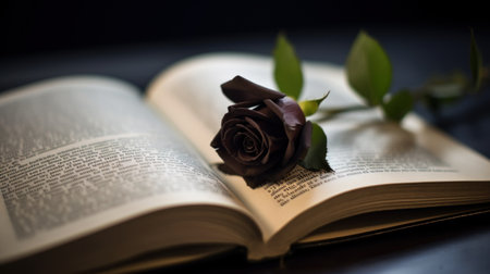 A rose is sitting on top of an open book, AIの素材