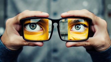 A person holding up a pair of glasses with yellow and blue eyes, AIの素材