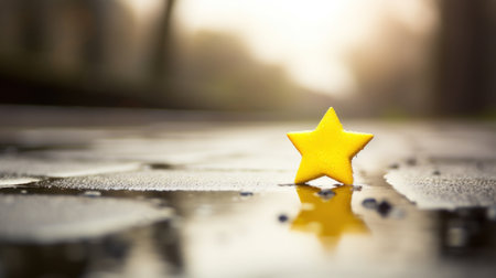 A yellow star is sitting on a wet road, AIの素材