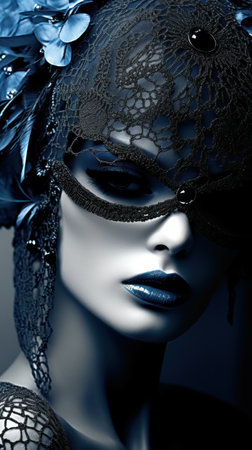 A woman with a black lace mask and blue eyes, AIの素材