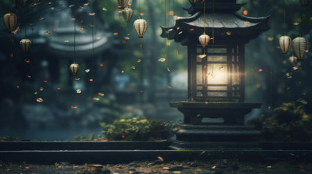 An asian lantern in the middle of a forest, AIの素材