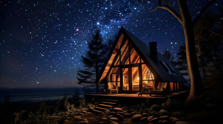 A cabin in the woods at night with stars above, AIの素材