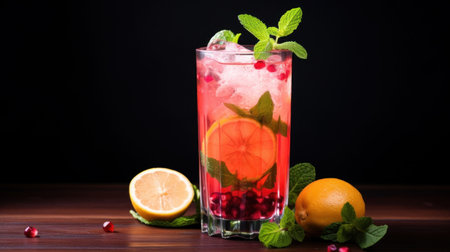 Cocktail with pomegranate, mint and lemon on dark background, AIの素材