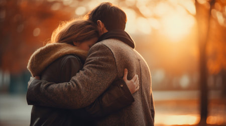 A couple hugging in the park at sunset, AI. National Hug Day.の素材