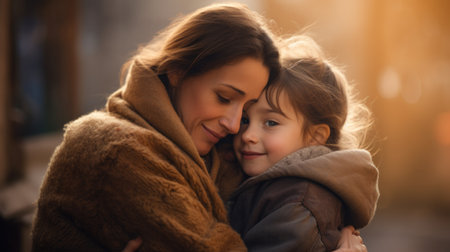 A woman hugging her daughter in the street, AI. National Hug Day.の素材