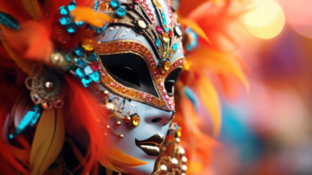 A colorful carnival mask with feathers and gold, AIの素材