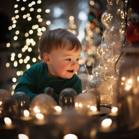 A child with Dawn syndrome is playing with christmas lights, AIの素材