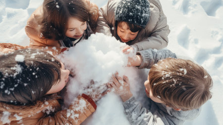 Four children play in the snow, AIの素材