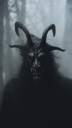 A dark, horned goat with long horns in the woods, AIの素材