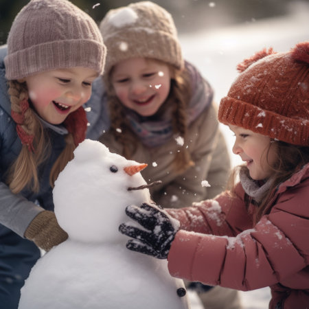 Three children playing with a snowman, AIの素材