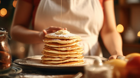 A woman holding a plate of pancakes on top, AIの素材
