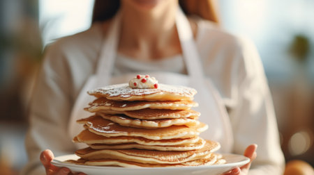 A woman holding a plate with pancakes on it, AIの素材