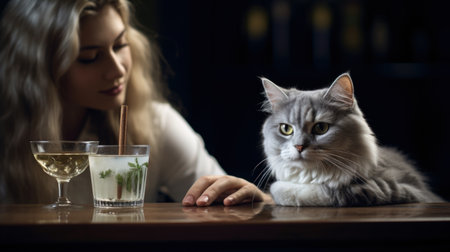 A woman is sitting at a bar with her cat, AIの素材