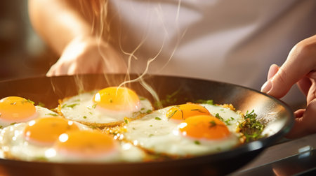 A person is cooking fried eggs in a pan, AIの素材