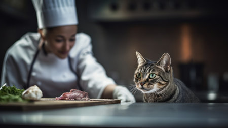 A woman in a chef hat is looking at the cat, AIの素材