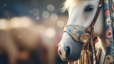 A horse with a floral headpiece on its face, AIの素材
