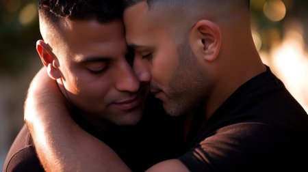 Two men embrace in the sunlight while one is wearing a black shirt, AIの素材