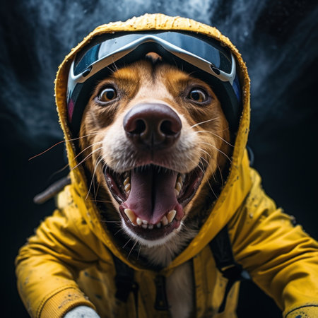 A dog wearing a yellow jacket and goggles, AIの素材