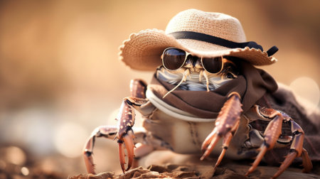 A crab wearing a hat and sunglasses on its back, AIの素材