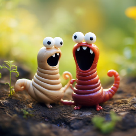 Two toy worms with eyes and mouths, AIの素材