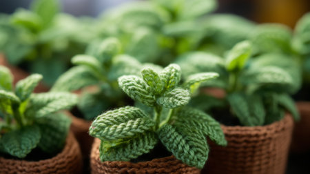 Small plants in crocheted pots with green leaves, AIの素材