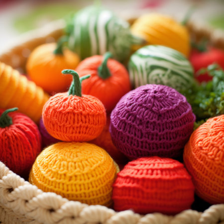 A basket filled with crocheted vegetables, AIの素材