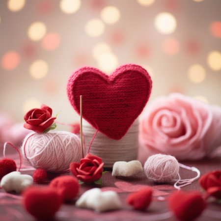 A red heart with yarn and red roses, AIの素材