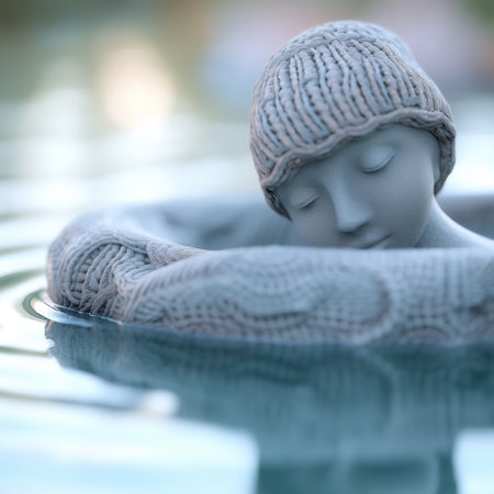 A statue of a woman wearing a hat is floating in the water, AIの素材