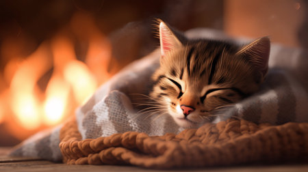 A kitten sleeping in a blanket by a fireplace, AIの素材