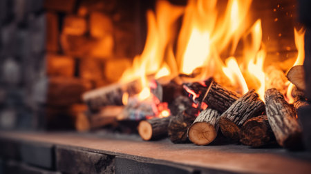 A close up of a fireplace with logs, AIの素材