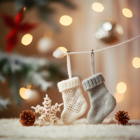 Two christmas stockings hanging on a rope, AIの素材