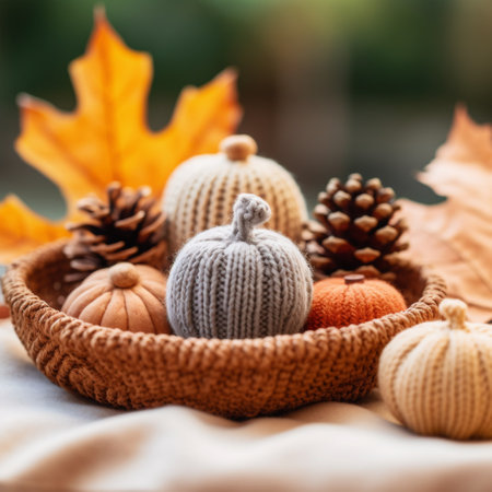 A basket filled with knitted pumpkins and other fall decorations, AIの素材