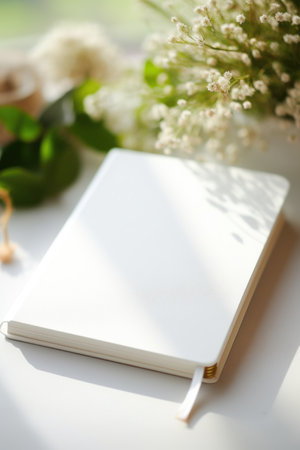 A white notebook with flowers on a table, AIの素材