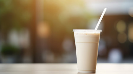 A cup of iced coffee with a straw on a table, AIの素材