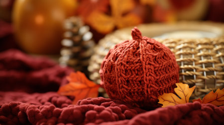 A knitted pumpkin on a red blanket with leaves, AIの素材