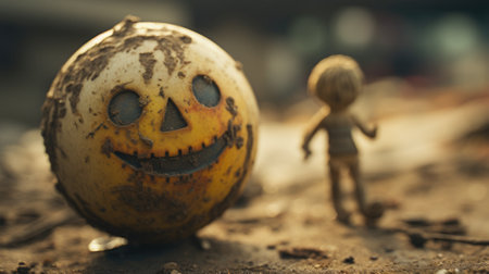 A small toy figure standing next to a large, dirty pumpkin, AIの素材
