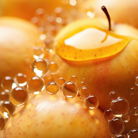 A close up of a bunch of apples with bubbles, AIの素材