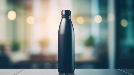 A black bottle sitting on a table in front of blurred background, AIの素材