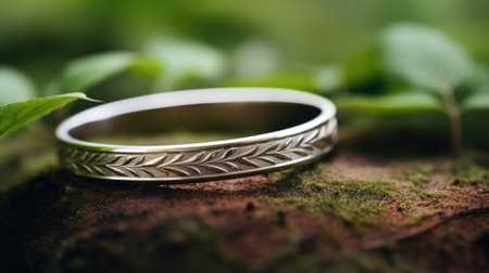 A wedding band with leaves on it sitting in the grass, AIの素材