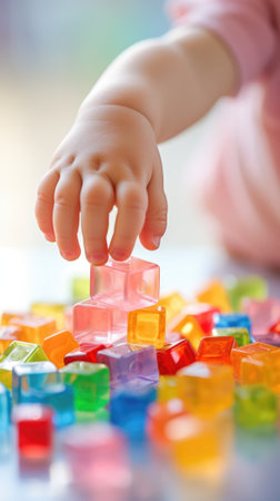 A childs hand reaching for a piece of plastic toy, AIの素材