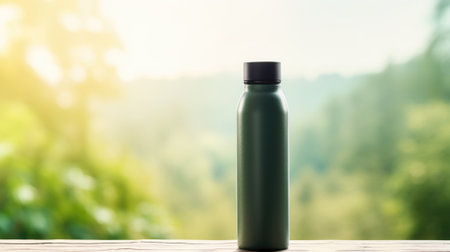 A black plastic bottle sitting on a wooden table in front of trees, AIの素材