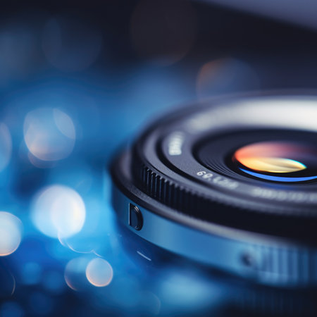 A camera lens is shown on a blue background, AIの素材