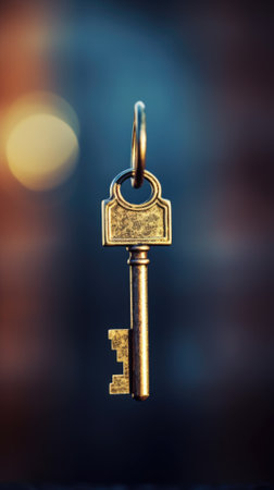 A golden key is shown in front of a blurry background, AIの素材