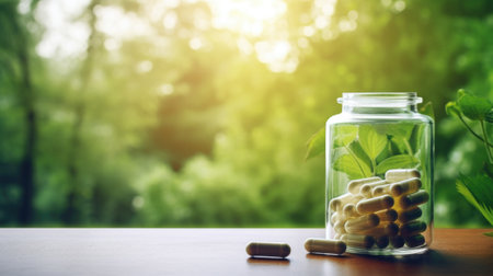 A jar of pills and leaves on a table, AIの素材