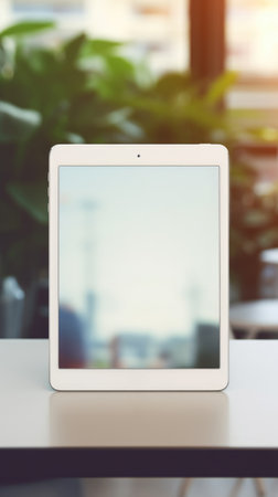 Tablet computer on table with blurred background, AIの素材