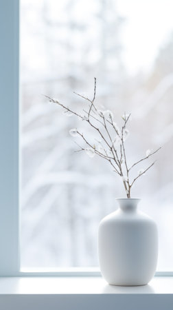 A white vase with a branch sitting on the window sill, AIの素材