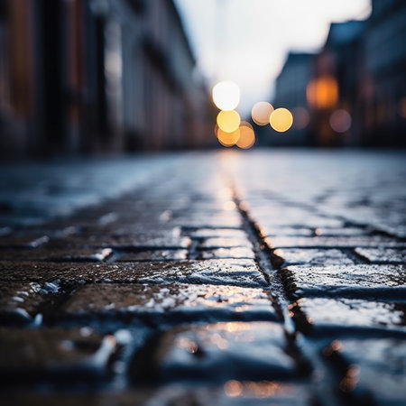 A street with cobblestones in the rain, AIの素材